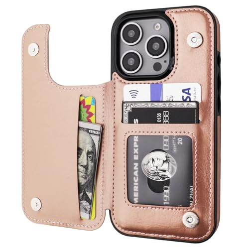 ONETOP for iPhone 16 Pro Wallet Case with Credit Card Holder,Rosegold | Kickstand,ID/Cash Holder,Case Wallet with Card Slots,Double Magnetic Clasp,Durable PU Leather Shockproof Cover for Women Men - color: Rose Gold