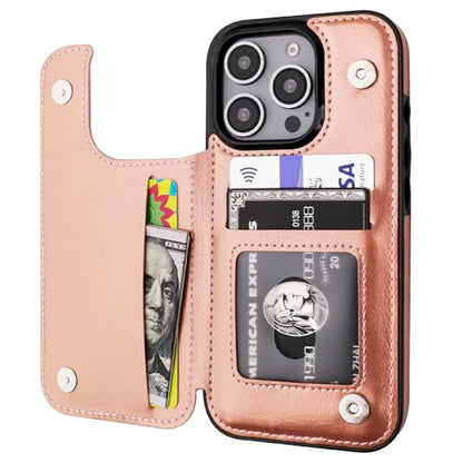 ONETOP for iPhone 16 Pro Wallet Case with Credit Card Holder,Rosegold | Kickstand,ID/Cash Holder,Case Wallet with Card Slots,Double Magnetic Clasp,Durable PU Leather Shockproof Cover for Women Men - color: Rose Gold