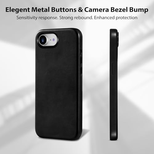 Belemay Handcrafted Full-Grain Vegetable-Tanned Leather Case for iPhone 17e / iPhone 16e, Compatible with MagSafe, Two-Tone Effect, Natural Patina, Metal Buttons Luxury Cover (6.1"), Black - color: Black