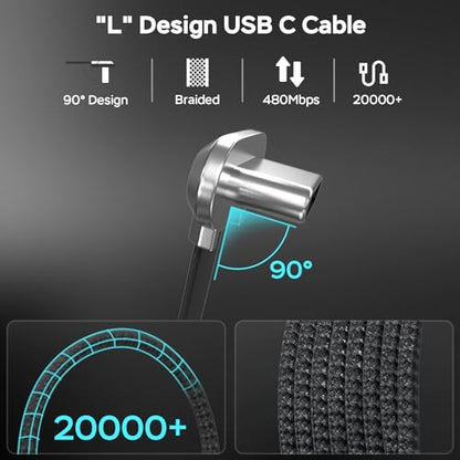 Right Angle USB C Cable 10ft, USB C 90 Degree Cable 60W Fast Charging - size: 10ft
