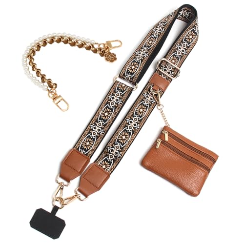 Phone Strap with Zippered Pouch, Clip and Go Strap for Phone with Wallet Crossbody, Adjustable Crossbody Phone Strap-1 - color: Jacquard Brown