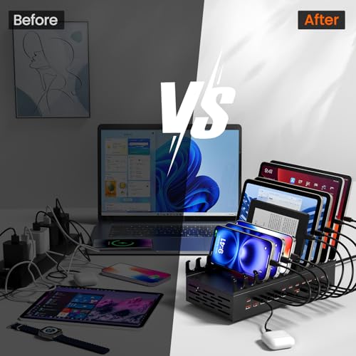 300W USB Charging Station for Multiple Devices - 24 Ports Desktop Multi Fast Charger Station with Device Organizer Stand & Multi Protection, USΒ Power Strip Suitable for Home Office School Studio