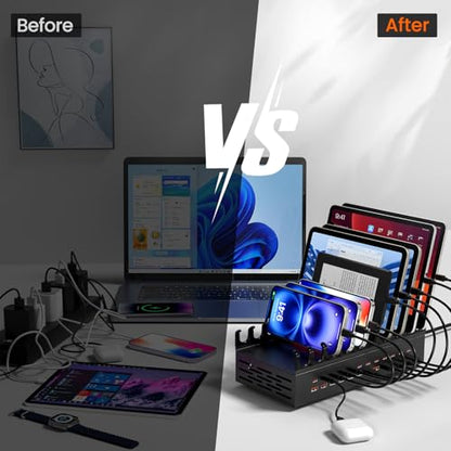 300W USB Charging Station for Multiple Devices - 24 Ports Desktop Multi Fast Charger Station with Device Organizer Stand & Multi Protection, USΒ Power Strip Suitable for Home Office School Studio