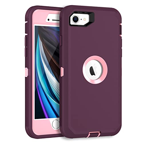 MXX Case Designed for iPhone SE Case 2020 /SE 2022 Heavy Duty Protective with Screen Protector [3 Layers] Rugged Rubber Protection Cover & Rotating 360 Degree Belt Clip SE 3rd/2nd Gen(Plum/Light Pink) - color: Plum/Light Pink