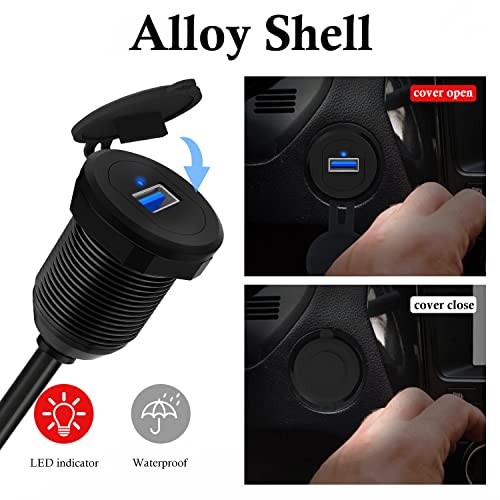 Alloy Single Port USB 3.0 Dashboard Port Car Mount Flush Cable, Male to Female Waterproof Extension Cable for Car Truck Boat Motorcycle with LED Indicator 1ft - style: Single Port 1ft