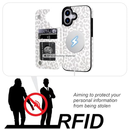HAOPINSH Wallet Case for iPhone 17, Compatible with MagSafe Wireless Charging, White Leopard Cheetah Pattern Back Flip Folio Leather Kickstand Card Slots Case Double Magnetic Clasp Cover 6.3" - color: White Leopard for MagSafe