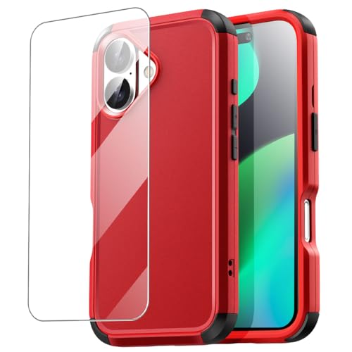 AICase for iPhone 16 Plus Case with Glass Protector,3-Layer Heavy Duty Pocket-Friendly Rugged Durable Military Grade Protection Shockproof/Drop Proof/Dust Proof Protective iPhone 16 Plus Cover 6.7"_4 - color: Red+Glass Protector