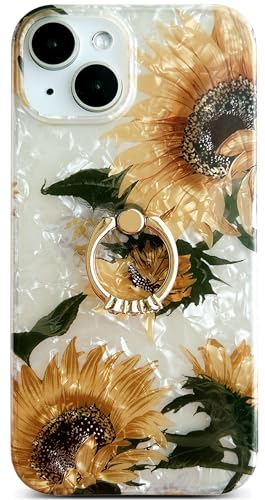 Qokey for iPhone 13/14 Case 6.1 inch,Flower Design Cute Clear for Women Girls with 360 Degree Rotating Ring Kickstand Soft TPU Shockproof Cover Sunflower - color: Sunflower