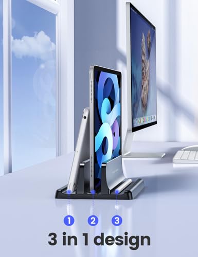 Vaydeer Vertical Laptop Stand Holder Organizer Plastic Adjustable Desktop Notebook Dock Space-Saving 3 in 1 for All MacBook Pro Air,Mac,HP,Dell,Microsoft Surface,Lenovo,up to 17.3 inches (Black) - color: Black