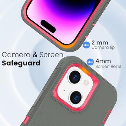Compatible with iPhone 15 Case, Dual Layer Shockproof Full Body Cover Military Grade Drop Protection Heavy Duty Phone Case for Apple Phone 15/14/13 6.1 inch (Grey/Rose) - color: Grey/Rose