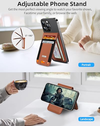For Magsafe Wallet Stand, 10 Cards Holder, Strongest Magnetic Wallet | Leather Magnetic Phone Wallet for iPhone 17/16/15/14/13/12 Series, ID Window, 4 Card Slot, RFID Blocking, Brown - color: Brown