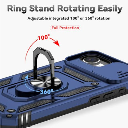 for iPhone 17E / iPhone 16E Case, with Camera Lens Cover HD Screen Protector, Dual Layer Military-Grade Drop Tested Magnetic Ring Holder Kickstand Protective Phone Case for iPhone 16E /17E (Navy Blue) - color: Navy Blue with camera cover Military-Grade 2n