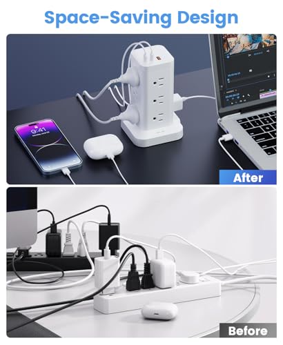 12AC 3USB Power Strip Tower Surge Protector 1800J, 6ft, White, 1 - color: White, size: 6ft