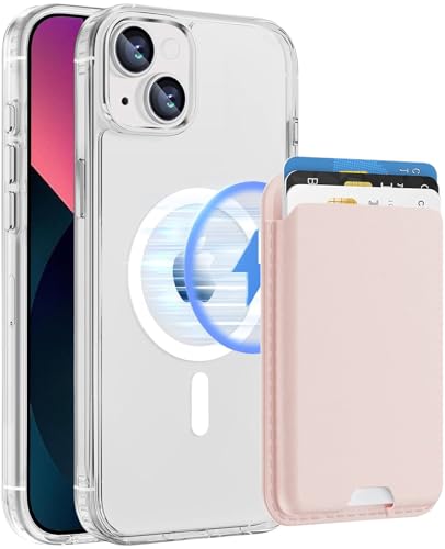 Magnetic for iPhone 13 mini/12 mini Wallet Case with Card Holder﻿ | Compatible with MagSafe, Shockproof Phone Cover with Detachable RFID Blocking Card Slot, Clear & Pink - color: Clear with Pink, size: iPhone 12 Mini/13 Mini