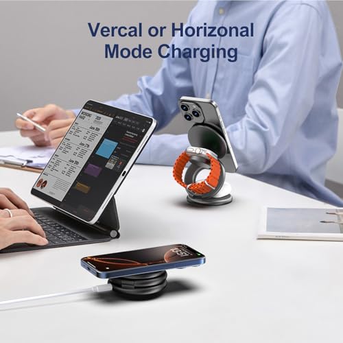KU XIU X63 3 in 1 Charging Station for Apple, Aluminum Alloy Foldable Magnetic Wireless Charger, Travel Charger for iPhone 17/16/15/14/13/12 Series, Apple Watch & AirPods (with 20W Adapter)-Gray - color: Gray