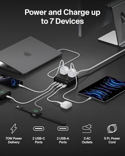 Belkin 70W GaN 7 in 1 Charging Station, 3X AC, 2X USB A, & 2X USB C Ports - style: 70W, 3 AC Outlet