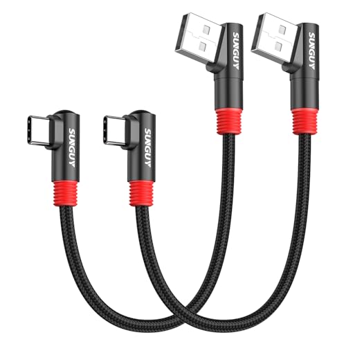 SUNGUY 6 inch/0.15M Right Angle USB C to A Cable 2Pack, 3A Short 90 Degree USB to USBC Fast Charging Data Transfer Cord Nylon Braided for iPhone 17 16 15 Pro/Pro Max/Plus Samsung Galaxy S24/S23, iPad - size: 0.5FT