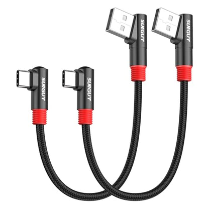 SUNGUY 6 inch/0.15M Right Angle USB C to A Cable 2Pack, 3A Short 90 Degree USB to USBC Fast Charging Data Transfer Cord Nylon Braided for iPhone 17 16 15 Pro/Pro Max/Plus Samsung Galaxy S24/S23, iPad - size: 0.5FT