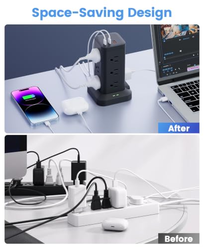 12AC 3USB Power Strip Tower Surge Protector 1800J, 9.8ft, Black, 1 - color: Black, size: 9.8ft