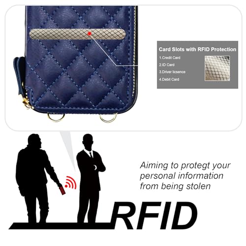 Bocasal Crossbody Wallet Case Card Holder for iPhone 16, Dark Blue | RFID Blocking PU Leather Zipper Handbag Purse, Kickstand Flip Folio Case with Card Slots Holder Wrist Strap Lanyard 6.1 Inch - color: Dark Blue