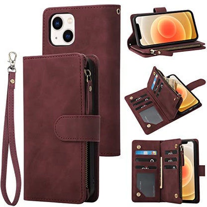 RANYOK Wallet Case Compatible with iPhone 13/14 (6.1 inch), Premium PU Leather Zipper Flip Folio Wallet RFID Blocking with Wrist Strap Magnetic Closure Built-in Kickstand Protective Case (Wine Red) - color: Wine Red