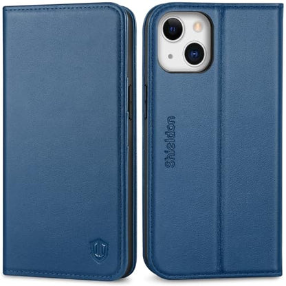 SHIELDON Genuine Leather Wallet Case for iPhone 13 6.1" 2021, Royal Blue | RFID Blocking, Credit Card Holder, Magnetic Closure, Kickstand, Folio Design, Shockproof Phone Cover - color: Royal Blue