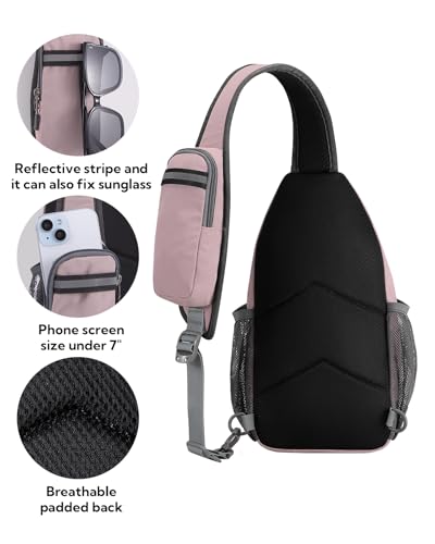 WATERFLY Crossbody Sling Backpack Sling Bag Travel Hiking Chest Bag Daypack | Small Hiking bag,Multi-compartment storage,Water-resistant,Breathable back pad,Reversible adjustable shoulder strap - color: Pink