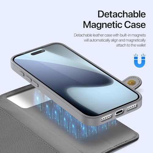 for iPhone 17 Pro Case Wallet, Detachable Magnetic Wallet Case | Compatible with Magsafe, RFID Blocking, PU Leather Flip Folio Case, Wrist Strap Wallet Case, Zipper Coin Pocket - color: Gray, size: iPhone 17 Pro