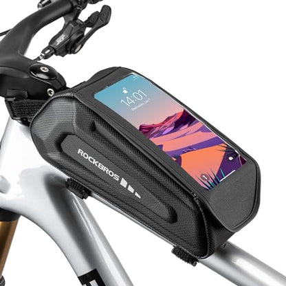 ROCKBROS Bike Phone Bag Top Tube Frame Bag Waterproof Flip-top Design | 3D EVA Hard Shell Mount Holder Bag 1.7L Cycling Pouch Compatible Phones Under 7'' for E-Bike Accessories - color: Black - Hook and Loop