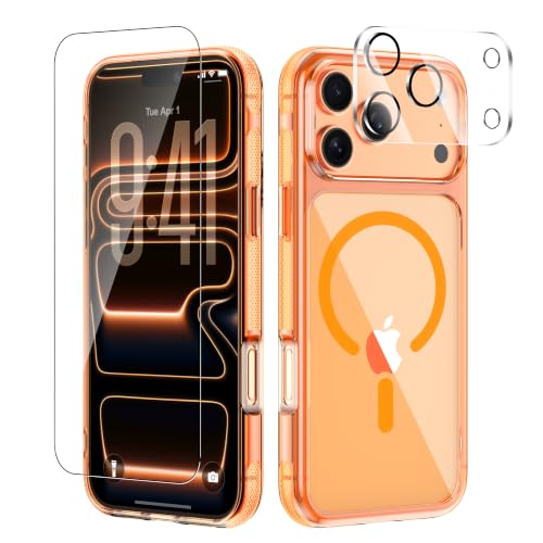 3 in 1 for iPhone 17 Pro Case, N52 Magnetic Compatible with MagSafe, Non-Slip Matte Translucent Orange Bumper Clear Back, Anti-Scratch Slim Kit with Screen Protector & Camera Lens Cover - color: Frosted Edge Orange, size: iPhone 17 Pro