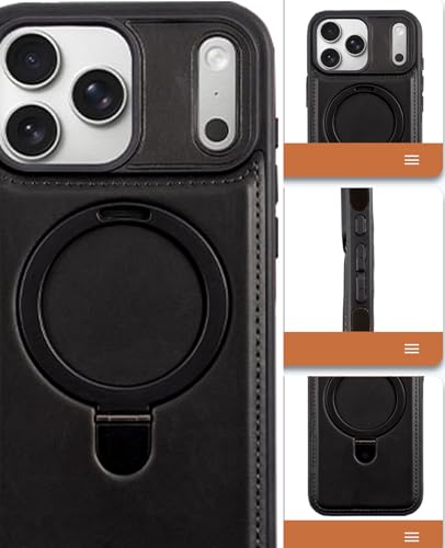 for iPhone 17 Pro Max Leather Case with Magnetic Ring Holder,[Compatible with Wireless Charging] Luxury Slim Shockproof Non-Slip Protective Kickstand Cover for iPhone 17 Pro Max (Black) - color: Black