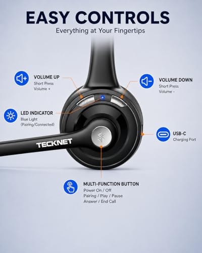 TECKNET Single Ear Bluetooth Headset - Noise Cancelling Microphone
