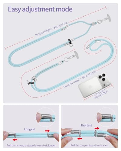 LEEUDESIGN 3 in 1 Luxury Phone Lanyard, Adjustable Crossbody Neck Strap & Short Wrist Strap, Anti-Lost Anti-Theft Detachable Phone Chain, Versatile Shoulder Phone Sling for All Cell Phones (Sky-blue) - color: Sky-blue