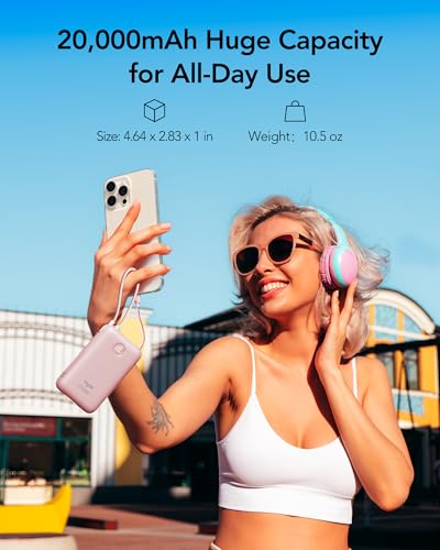 VIYISI Power Bank 20000mAh 30W Fast Charging with Built-in Cables, Pink - color: Pink