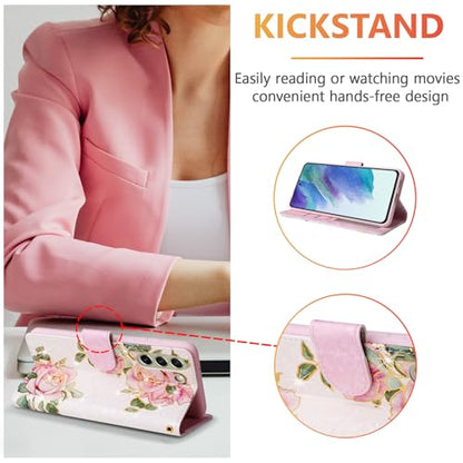 UEEBAI Wallet Case for Samsung Galaxy S22 5G, PU Leather Phone Case Kickstand RFID Blocking Flip Case Card Slots Wrist Strap Relief Engraved Pattern Magnetic Closure Flower Folio Case, White Rose - color: White Rose, size: Samsung Galaxy S22 5G