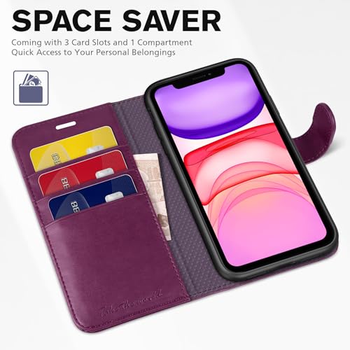 TUCCH Wallet Case for iPhone 11 (6.1") 2019, 3 Card Holders, Plum Purple | RFID Blocking, Viewing Stand, Shockproof TPU Shell, PU Leather, Magnetic Closure, Protective Folio Flip Cover - color: Plum Purple