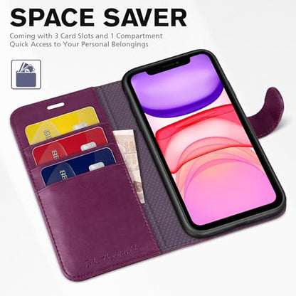 TUCCH Wallet Case for iPhone 11 (6.1") 2019, 3 Card Holders, Plum Purple | RFID Blocking, Viewing Stand, Shockproof TPU Shell, PU Leather, Magnetic Closure, Protective Folio Flip Cover - color: Plum Purple