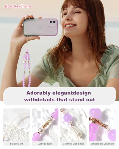 Phone Charm Cute Purple Pearl Beaded Phone Wrist Strap for Women, Phone Charms Strap for iPhone Charm Strap & Phone Case Charms, Camera Wrist Strap Cute, Gift for Birthdays & Holidays ( Purple ) - color: Purple