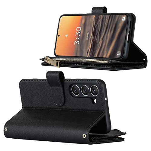 iCoverCase for Samsung Galaxy S23 Wallet Case with Card Holder, Kickstand Feature PU Leather Case with Adjustable Crossbody Lanyard Magnetic Clasp Zipper Pocket Flip Cover (Black) - color: Black, size: Galaxy S23