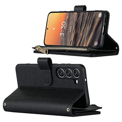 iCoverCase for Samsung Galaxy S23 Wallet Case with Card Holder, Kickstand Feature PU Leather Case with Adjustable Crossbody Lanyard Magnetic Clasp Zipper Pocket Flip Cover (Black) - color: Black, size: Galaxy S23