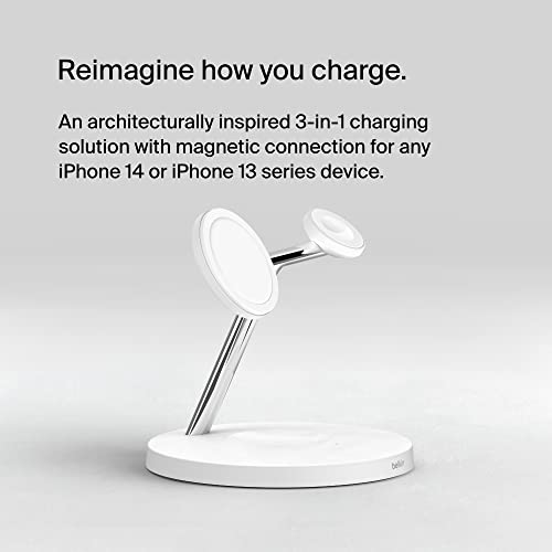 Belkin MagSafe 3 in 1 Wireless Charging Stand, 2nd Gen, 33% Faster - color: White, style: Chrome Finish