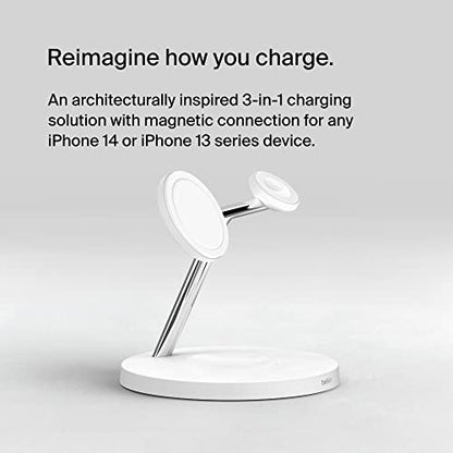 Belkin MagSafe 3 in 1 Wireless Charging Stand, 2nd Gen, 33% Faster - color: White, style: Chrome Finish