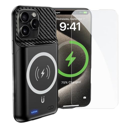 New 10000mAh Rechargeable Portable Battery Case with Wireless Charging Case Extend Battery Pack Charger Cover Compatible for iPhone 15 Pro Max (6.7 inch) Black - size: iPhone 15 Pro Max