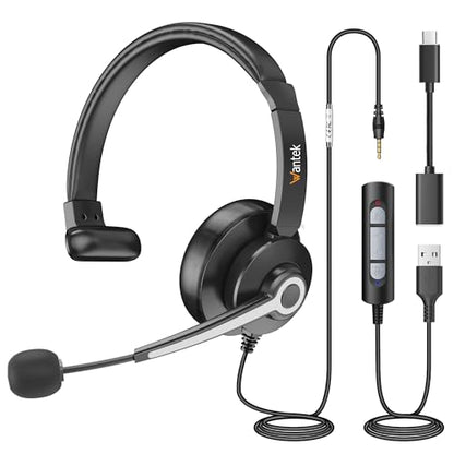 Wantek USB & 3.5mm Headset with Mic for PC/Laptop,Wired Headset with Noise-Cancelling Microphone & Audio Controls Perfect for Home Office Online Class Skype Zoom Call Center Webinar,Monaural