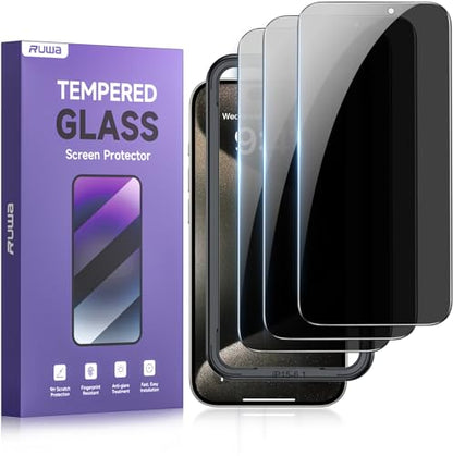 ruwa Privacy Screen Protector for iPhone 15/16 [6.1 Inch][3-Pack] Anti-Peep Tempered Glass Film with Easy Installation Frame, 9H Hardness, Scratch Resistant - size: for iPhone 15/16-6.1 inch 3-Pack