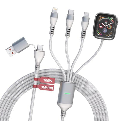 Multi Charging Cable for Apple Watch - 100W 10ft 4-in-1 Fast Charger with Lightning, USB C, Micro USB & Apple Watch Charger for iWatch, iPhone, MacBook Pro - White