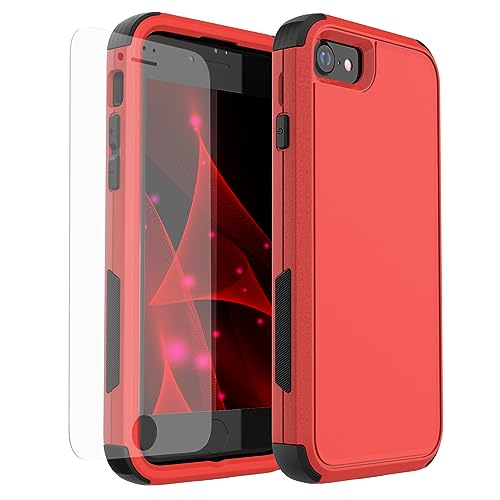 X-belmox Heavy Duty Phone Case for iPhone SE 2022 (3rd Gen) with Glass Screen Protector, 3 in 1 for iPhone SE 2020 Case [Shockproof] Rugged Protective [Drop Proof] iPhone 7/8 case 4.7" -Red/Black - color: Red/Black