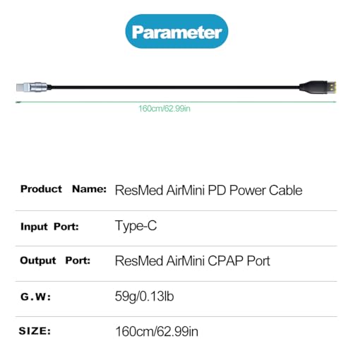 Simr USB C Power Cable for ResMed AirMini, Charging Cord Compatible with Power Banks, Car Chargers and Travel Adapter 5.25ft (1.6M), Black - size: Long