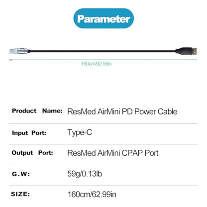 Simr USB C Power Cable for ResMed AirMini, Charging Cord Compatible with Power Banks, Car Chargers and Travel Adapter 5.25ft (1.6M), Black - size: Long