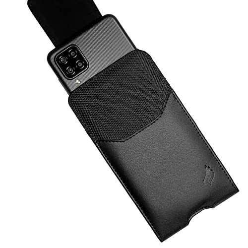 Leather Cell Phone Holster for T-Mobile REVVLRY+, REVVL 4, AT&T Fusion Z, Motivate, Jitterbug Smart3, Kyocera DuraSport 5G - Vertical Case Waist Carrying Pouch with Belt Clip/Loops, Black - size: Medium